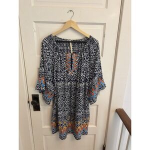 Uncle‎ Frank Women's Navy Ikat Embroidered Knee Length Dress Keyhole Size XL